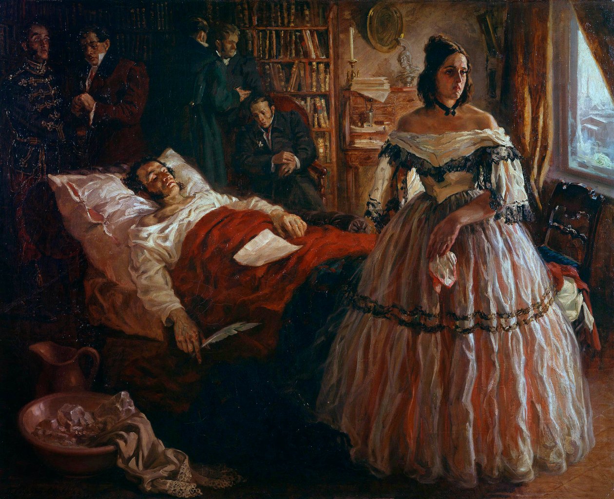 El poeta ruso Alexander Pushkin (1799-1837) en su lecho de muerte rodeado por su esposa Natalia Gontcharova y sus amigos. Pintura anónima de la escuela rusa. 1837. Museo del Hermitage, San Petersburgo de School Russian