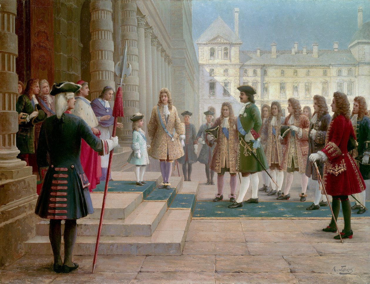 El zar Pedro el Grande (1672-1725) recibido por Luis XV niño en Versalles en 1717 de School Russian