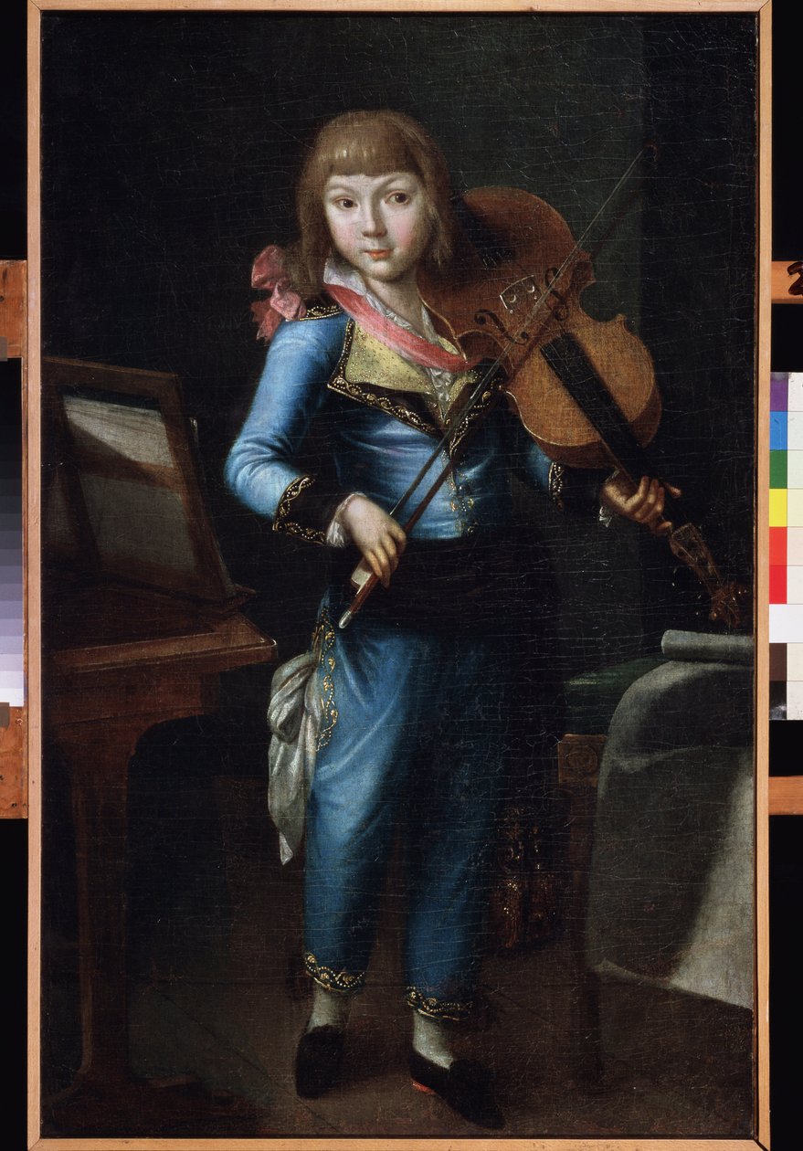 Un joven violinista con traje azul. Pintura de un maestro ruso, óleo sobre lienzo, hacia 1790. Arte ruso del siglo XVIII. Museo Palacio Teatro Ostankino, Moscú. de School Russian