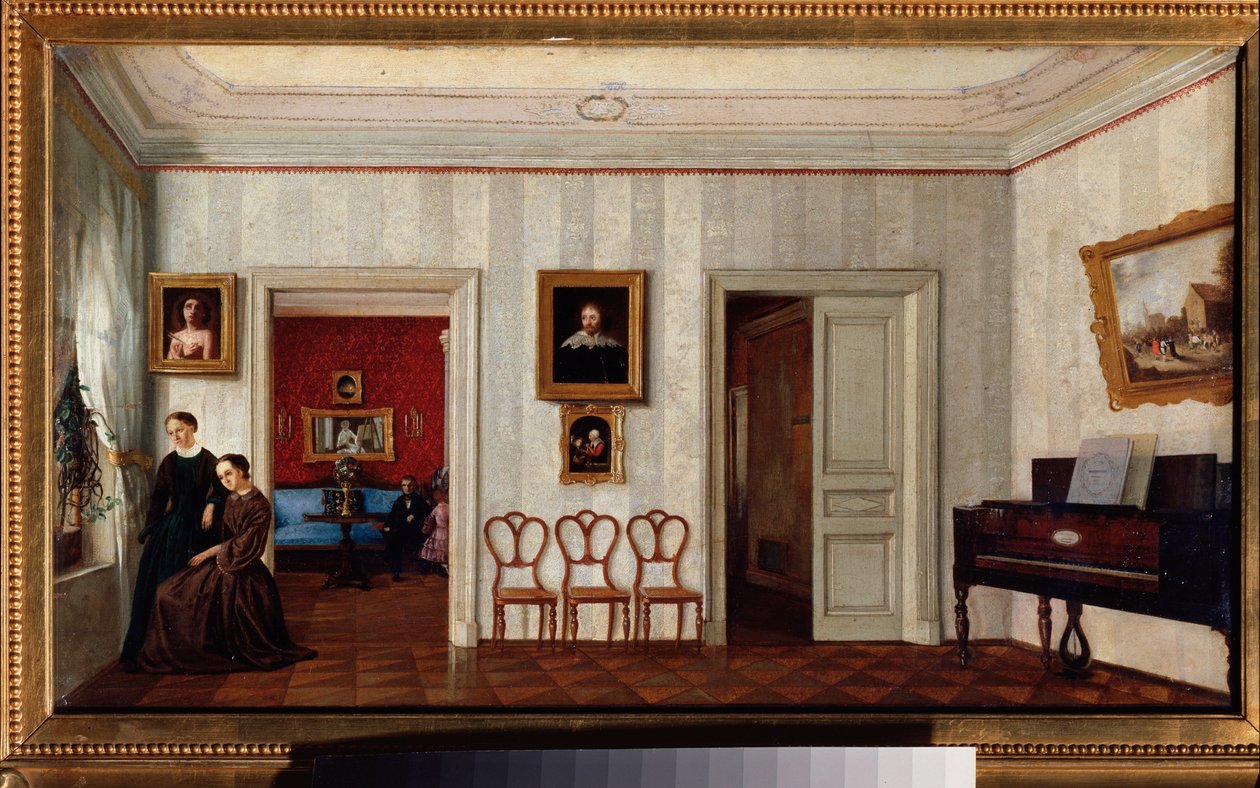 Una pequeña habitación con un piano. (Y dos mujeres mirando por la ventana). Pintura de un maestro ruso, óleo sobre lienzo, mediados del siglo XIX. Galería Estatal Tretyakov, Moscú. de School Russian