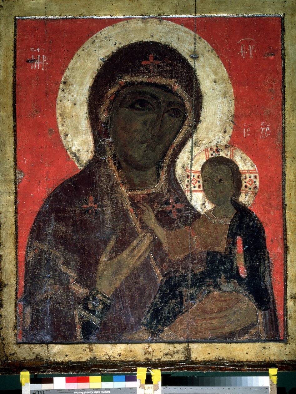 ""Virgen Odigitria (Hodigitria)"" Ícono ruso. Pintura sobre madera del siglo XIII. Galería Estatal Tretyakov, Moscú de School Russian
