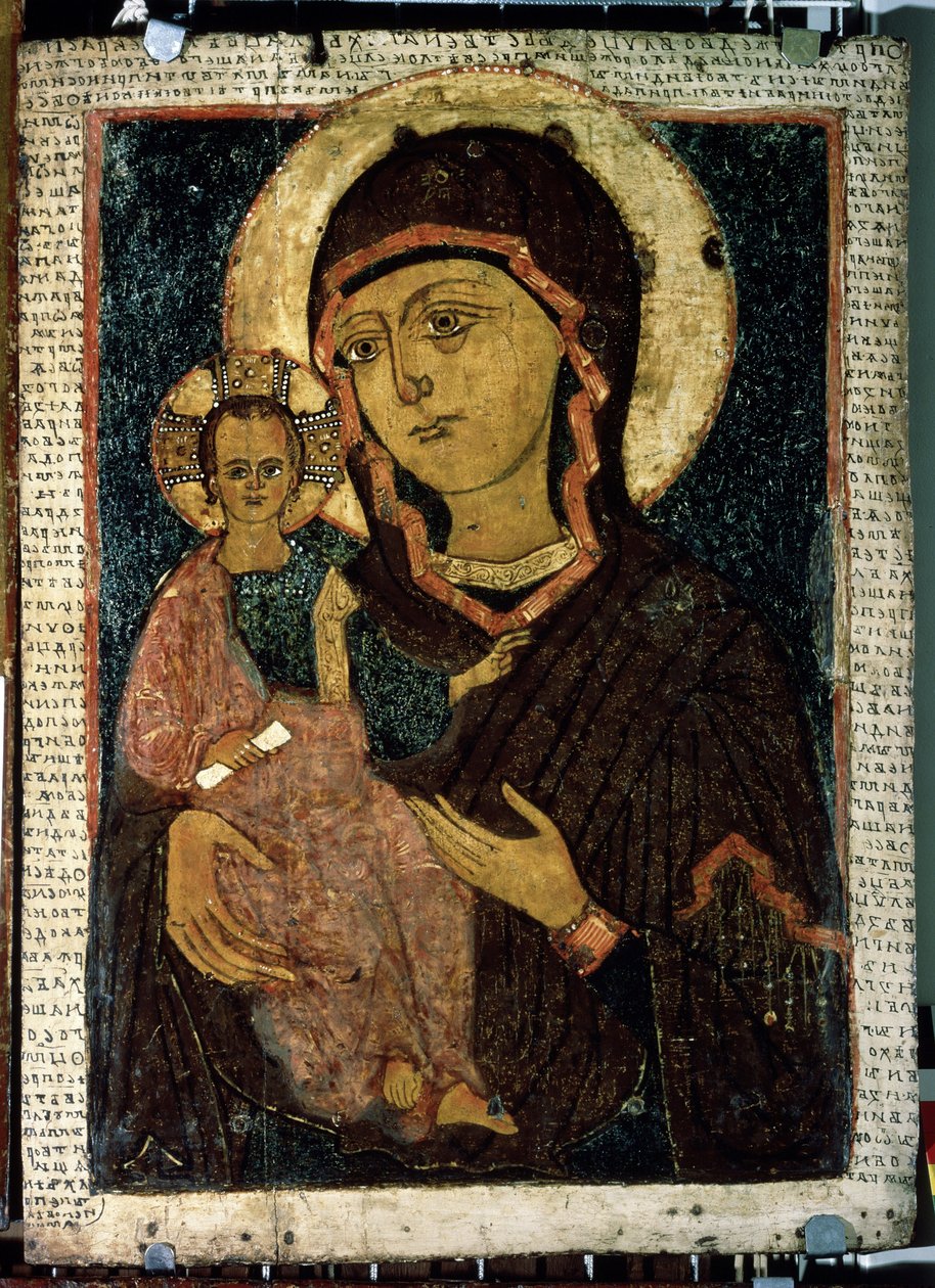 ""Virgen Odigitria (Hodigitria)"" La Virgen María y el niño Jesús cuyo halo está marcado con una cruz. icono ruso. Pintura sobre madera de finales del siglo XIII. Galería Estatal Tretyakov, Moscú de School Russian