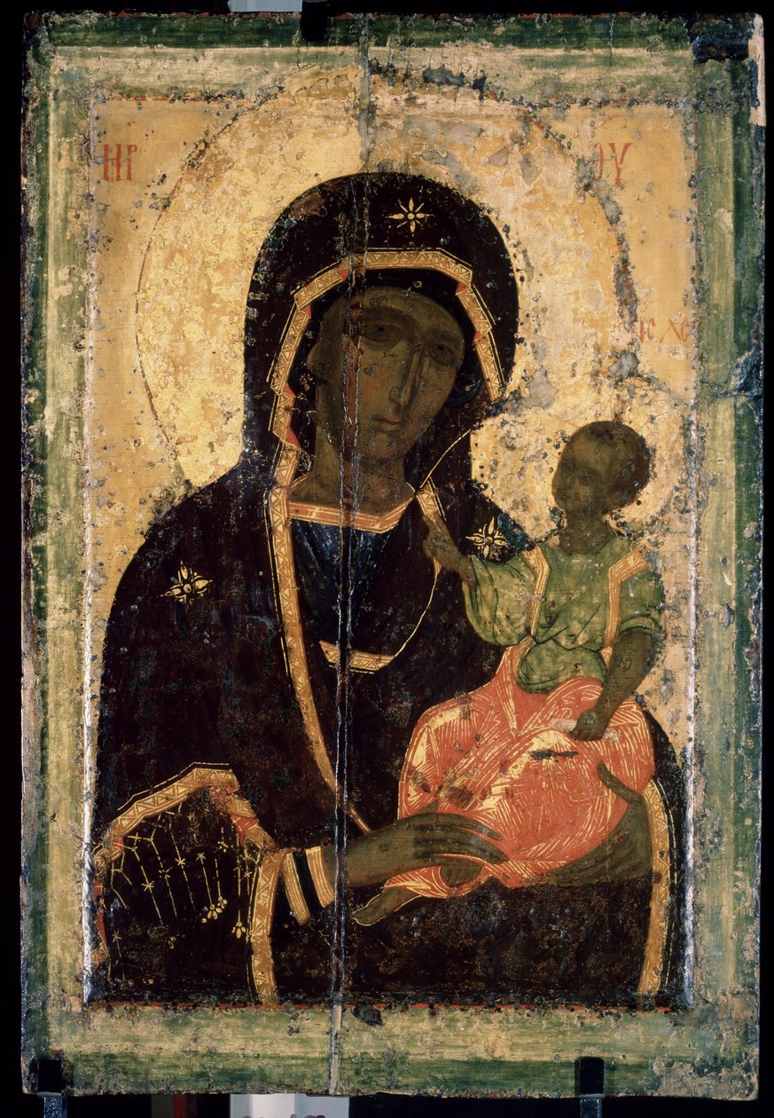 ""Virgen Odigitria (Hodigitria)"" Ícono ruso. Pintura sobre madera. circa 1360. Galería Estatal Tretyakov, Moscú de School Russian