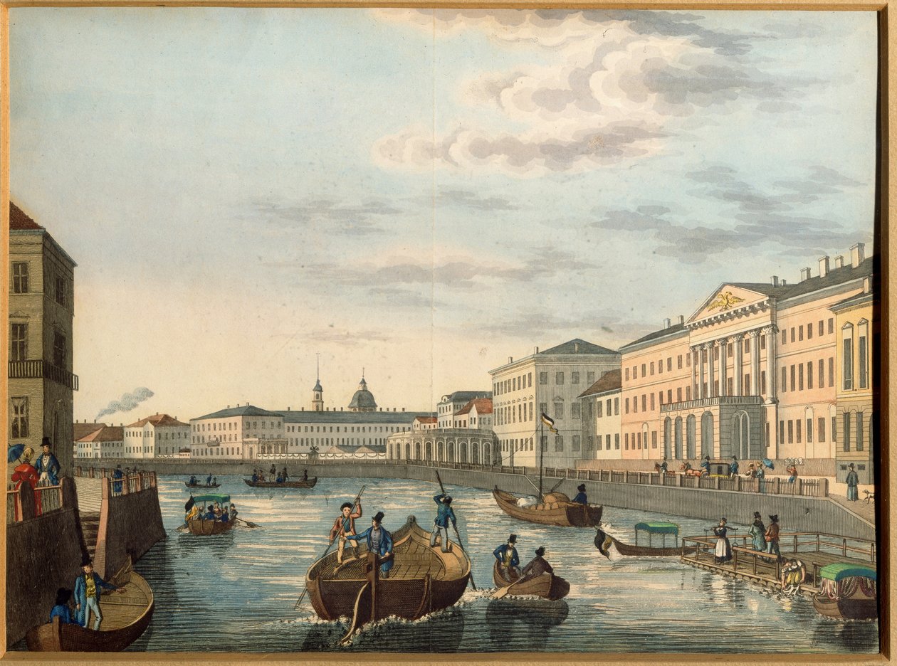 Vista del río Fontanka en San Petersburgo. Obra anónima, Litografía, coloreada en acuarela, hacia 1820. Arte ruso de School Russian