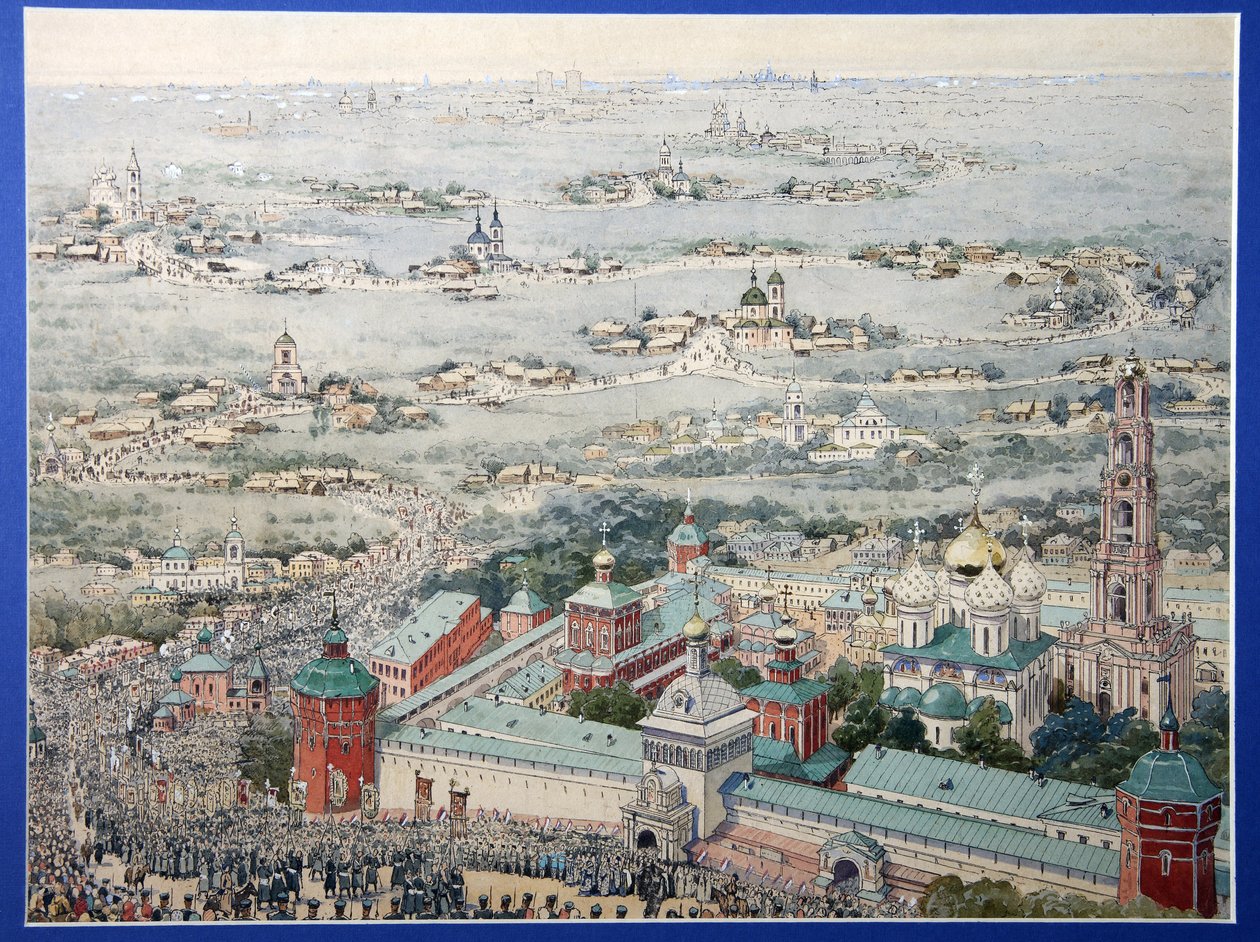 Vista del Monasterio de la Trinidad Lavra de San Sergio (Trinite-Saint-Serge) en Sergiev Posad con la procesión de Pascua desde Moscú. (Vista de La Trinidad Lavra de Sergio en Sergiyev Posad con La Procesión de Pascua desde Moscú). Obra de un maestro r de School Russian