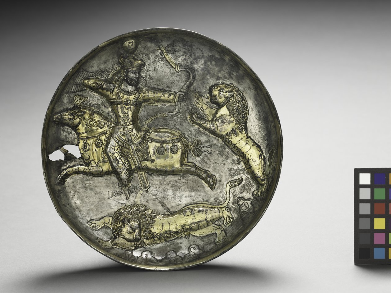 Plato: Rey Hormizd II o Hormizd III Cazando Leones, 400-600 de School Sasanian