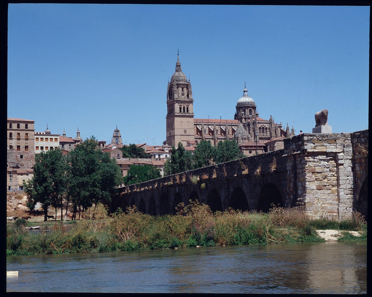 Vista del puente romano sobre el río Tormes y la catedral de School Spanish