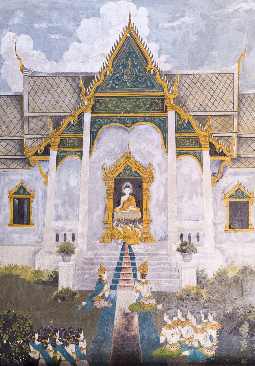 Fresco que representa una escena de la vida de Buda, templo Wat Phra That Doi Suthep de School Thai