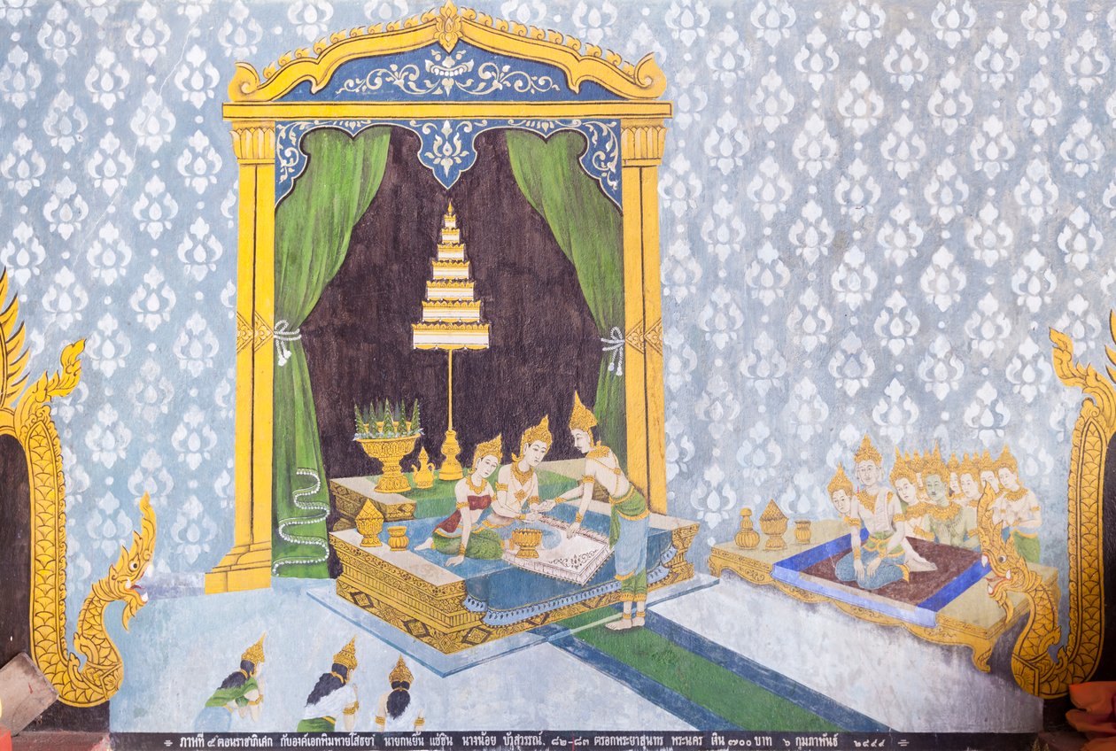 Fresco que representa una escena de la vida de Buda, templo Wat Phra That Doi Suthep de School Thai