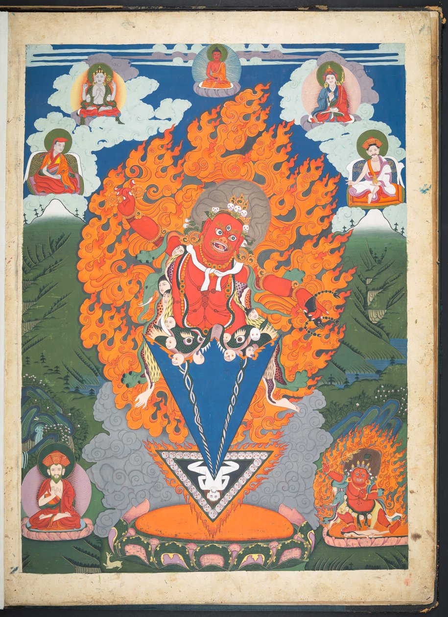 Agregar. O. 3052  Uno de los 12 dibujos que representan deidades tibetanas de un artista tibetano, probablemente en Lhasa, c.1800    (gouache sobre papel) de School Tibetan