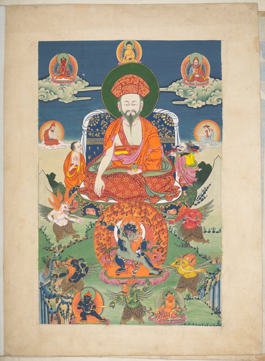 Agregar. O. 3056  Uno de los 12 dibujos que representan deidades tibetanas de un artista tibetano, probablemente en Lhasa, c.1800    (gouache sobre papel) de School Tibetan