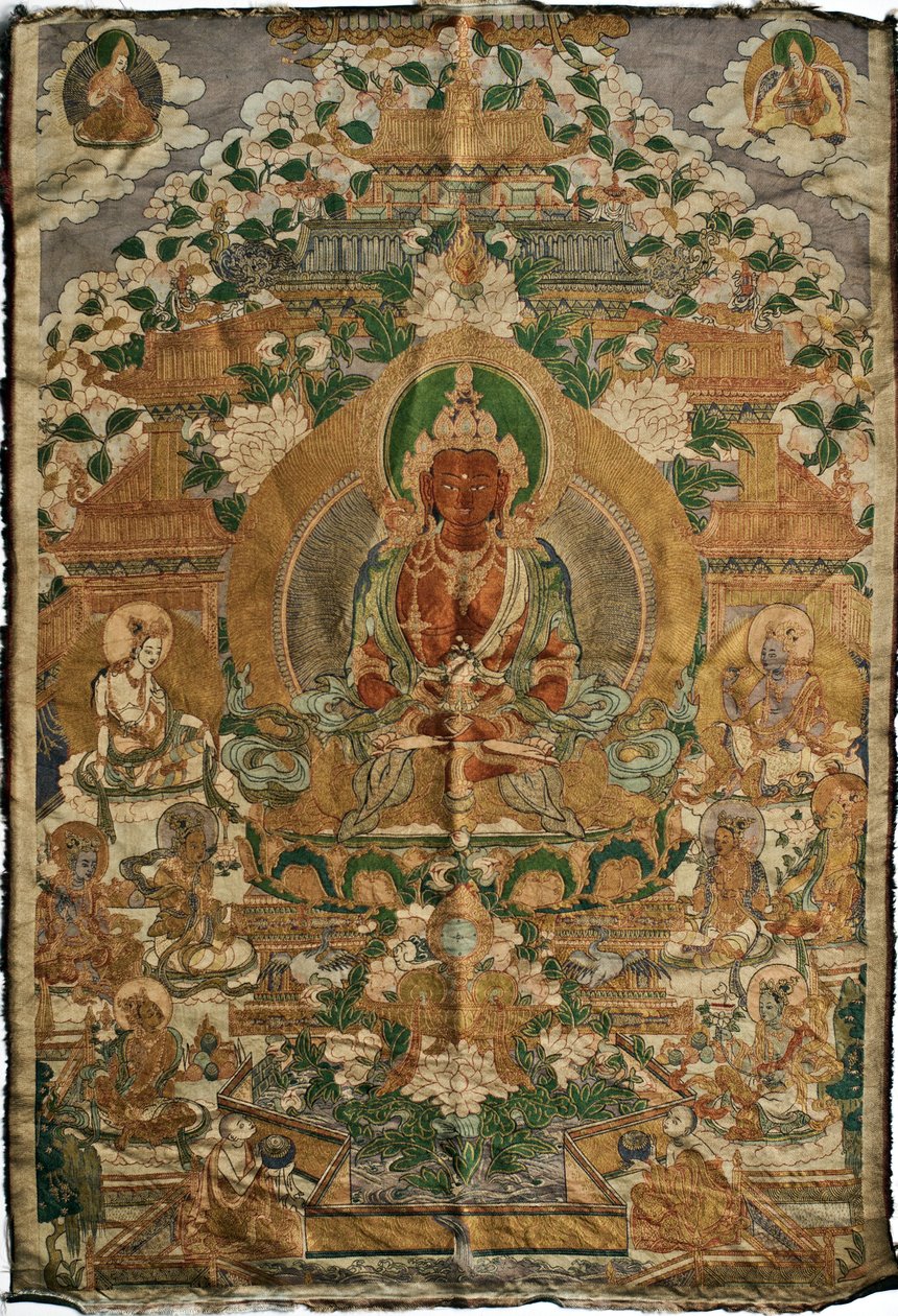 Amitabha (buda de la tierra pura) - Pintura tibetana, pigmentos y oro sobre tela, finales del siglo XIX, 74x51 cm - (Buda Amitayus Thangka, cultura tibetana, Pigmentos y oro sobre tela, finales del siglo XIX) - Colección privada de School Tibetan