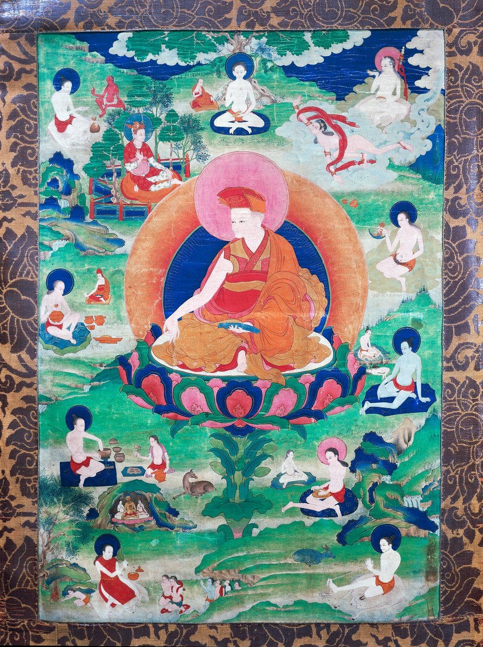 El Lama Rje-grags Rtod Iha-pa-pa- dbang Graps con halo y rodeado por numerosos mahasiddha (yoguis), vivió en India y Tíbet (siglos VII-XI), gouache sobre lienzo de School Tibetan