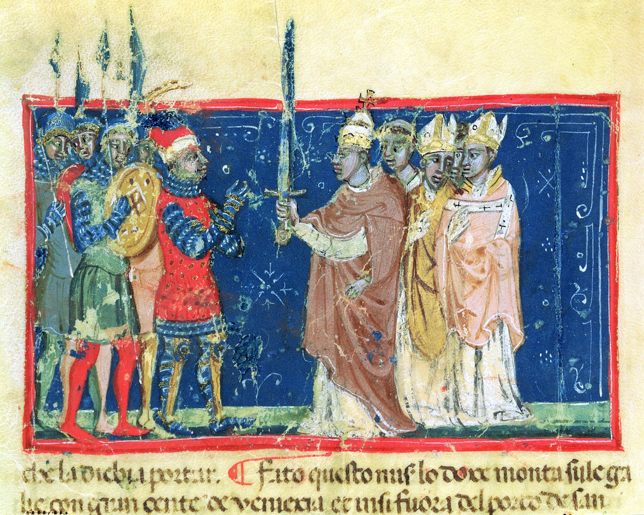 Codex Correr I 383 El papa Alejandro III (1105-81) entrega la espada al dux Sebastiano Ziani (vitela) de School Venetian