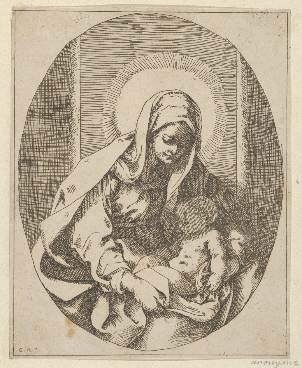 La Virgen sosteniendo al niño Cristo en su regazo, una composición ovalada, después de Reni, 1620-50 de School of Guido Reni