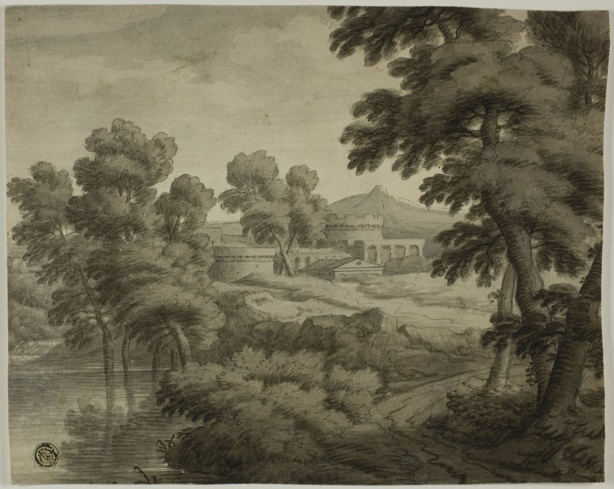 Paisaje a la italiana con castillo, árboles y agua en primer plano de School of Nicolas Poussin