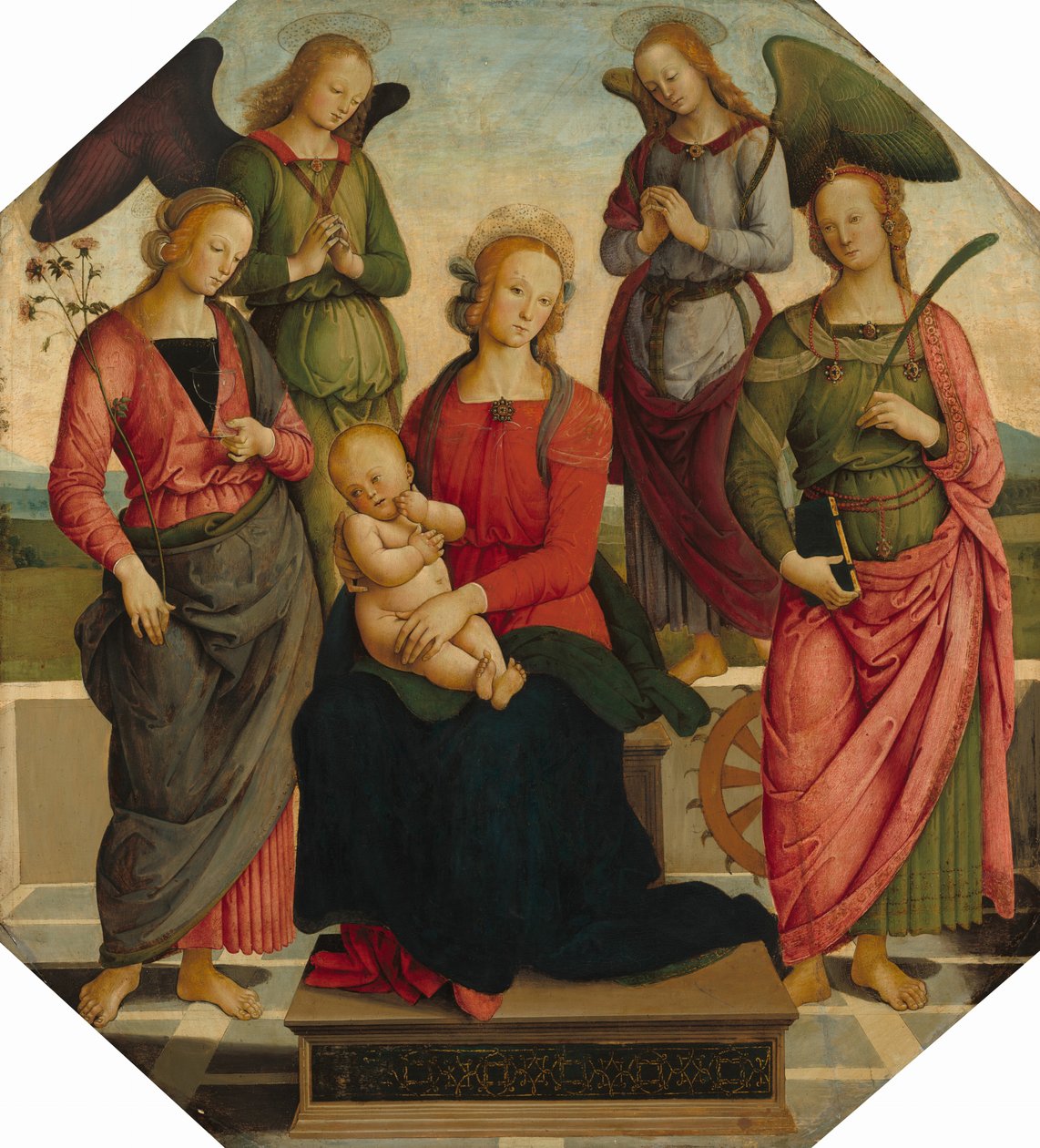 Madonna y Niño con dos ángeles, Santa Rosa y Santa Catalina de Alejandría, principios del siglo XVI de School of Perugino