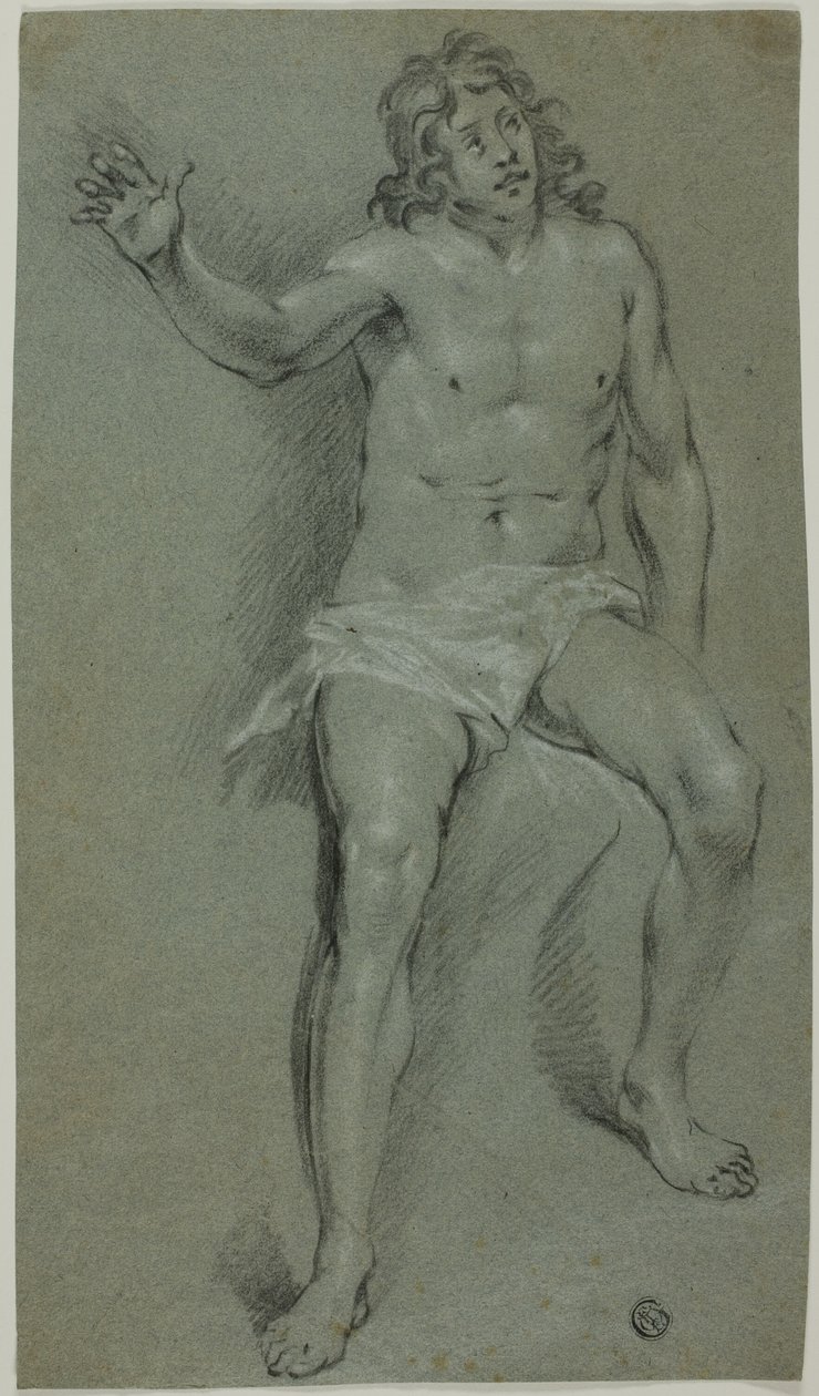 Desnudo masculino sentado (anverso); Bocetos de mano y cabeza de niño (reverso) de School of Rembrandt van Rijn