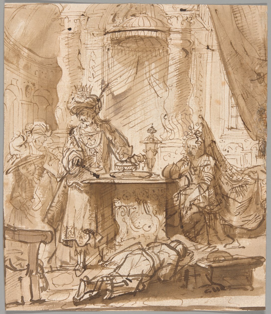 La degradación de Amán ante Asuero y Ester de School of Rembrandt van Rijn