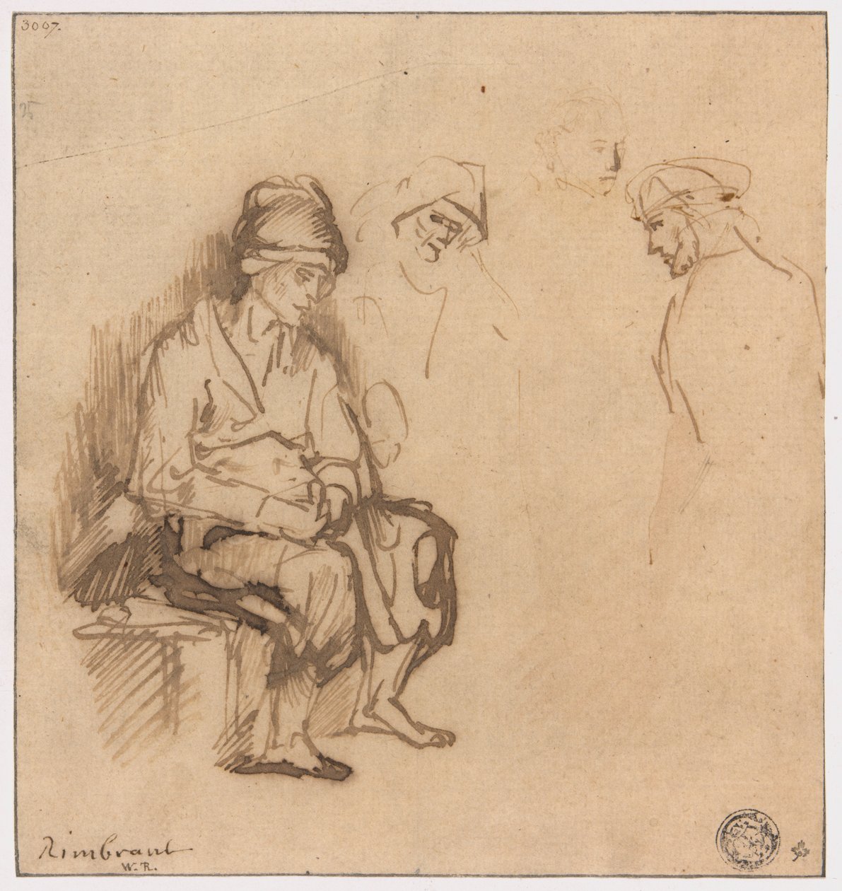 Mujer sentada en un banco y tres bocetos de cabezas de School of Rembrandt van Rijn