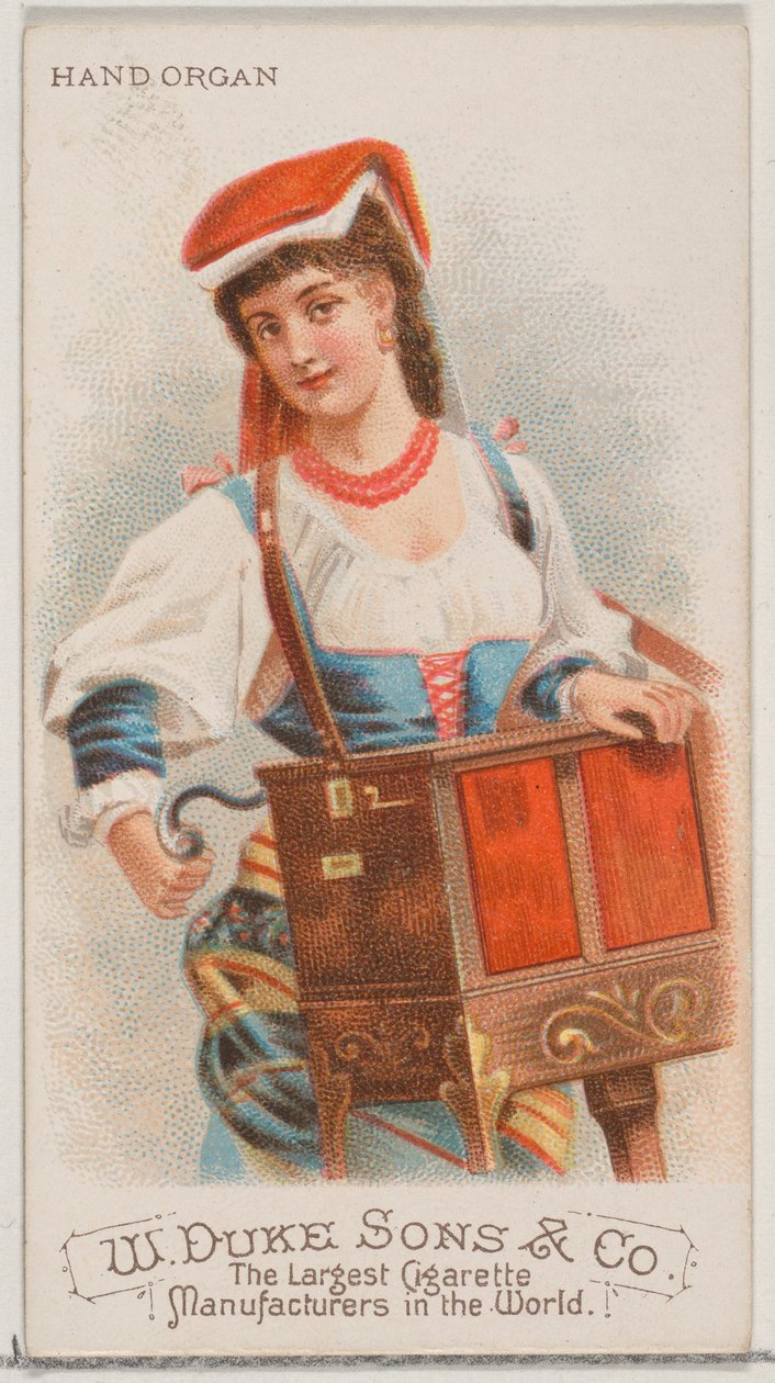 Órgano de mano, de la serie Instrumentos Musicales N82 para cigarrillos marca Duke, 1888 de Schumacher and Ettlinger