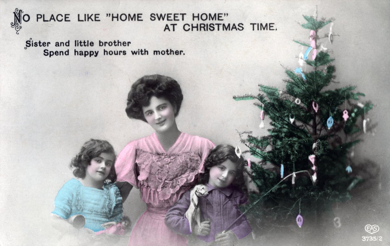 No hay lugar como el hogar dulce hogar en Navidad, tarjeta de felicitación, c. 1900-1919 de Schwerdffeger and Co