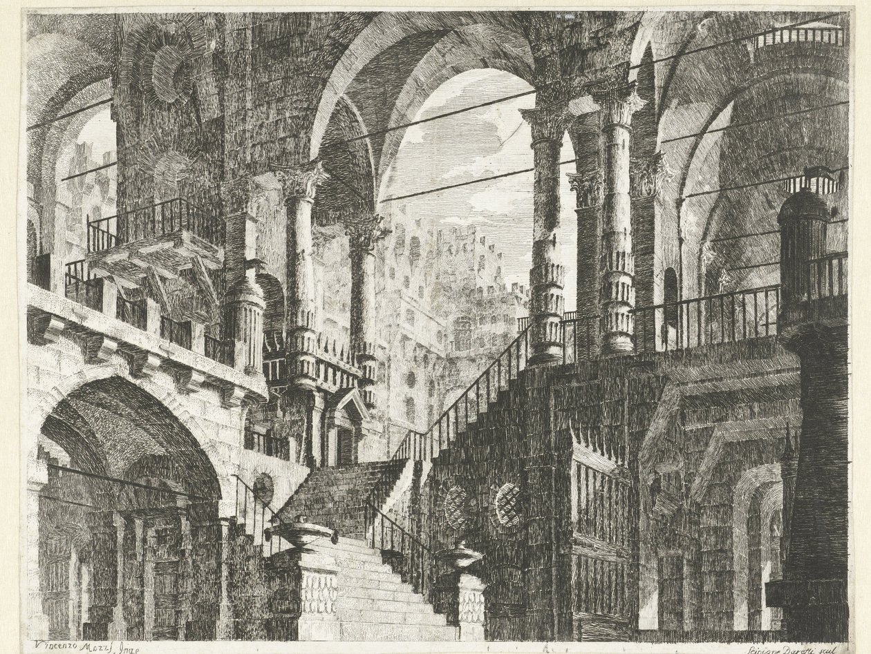 Edificio con arcos de medio punto y columnas
Caprici di Scene Teatrali (título de la serie) de Scipione Daretti