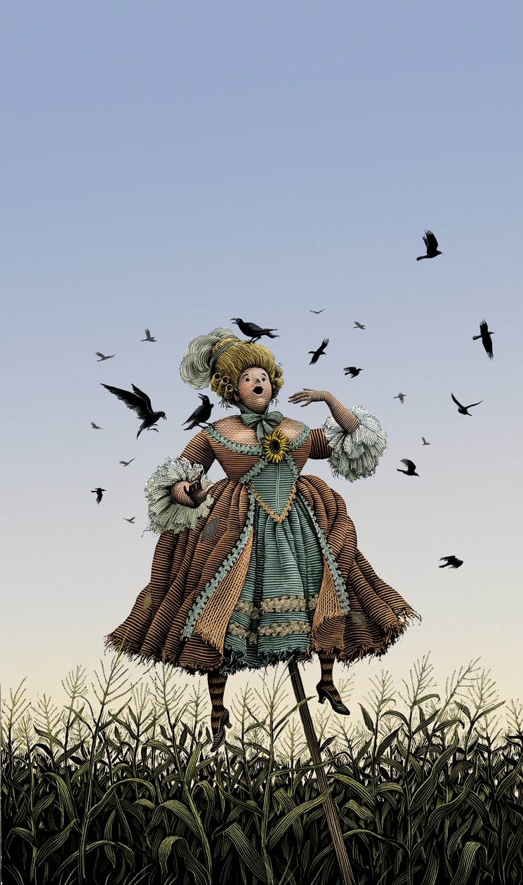 Espantapájaros soprano de ópera barroca, 2008 (scratchboard, coloreado digitalmente) de Scott McKowen