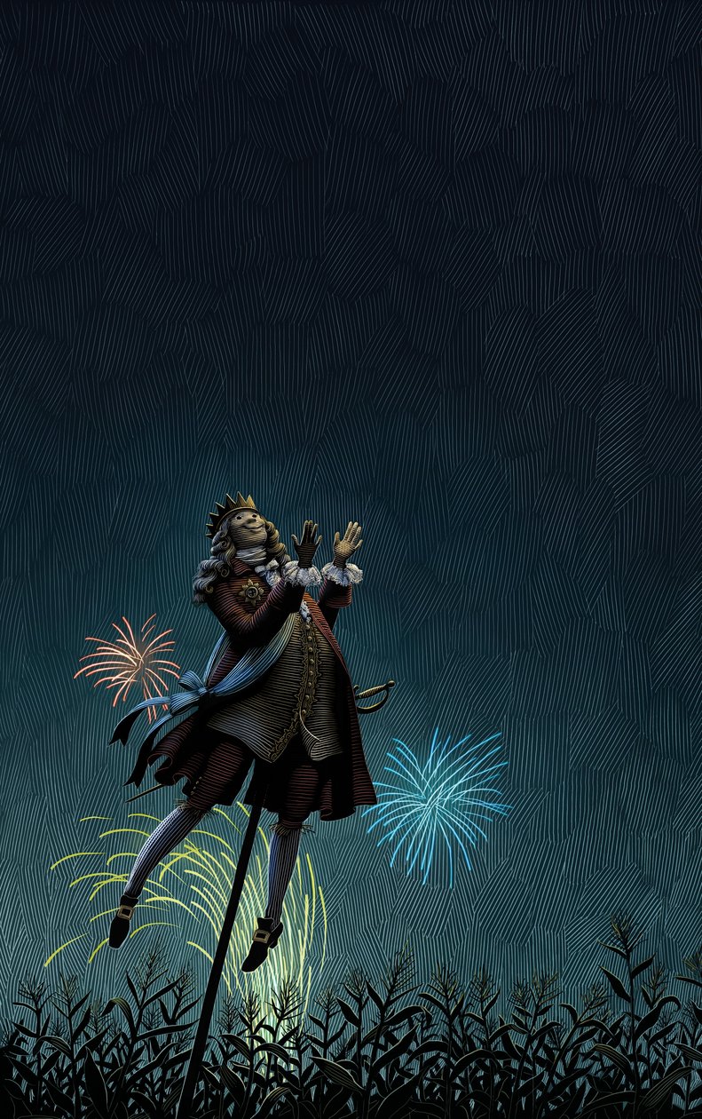 Espantapájaros del rey Jorge II, 2010 La música de Haendel para los fuegos artificiales reales fue escrita para Jorge II. (scratchboard, coloreado digitalmente) de Scott McKowen
