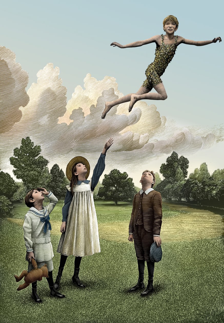 Peter Pan, 2008 (scratchboard, coloreado digitalmente) de Scott McKowen