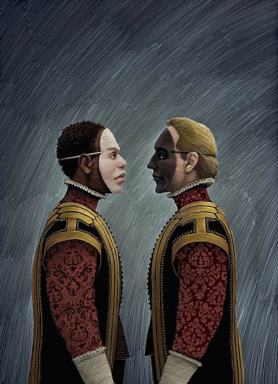 Terciopelo rojo, 2016 (scratchboard, coloreado digitalmente) de Scott McKowen