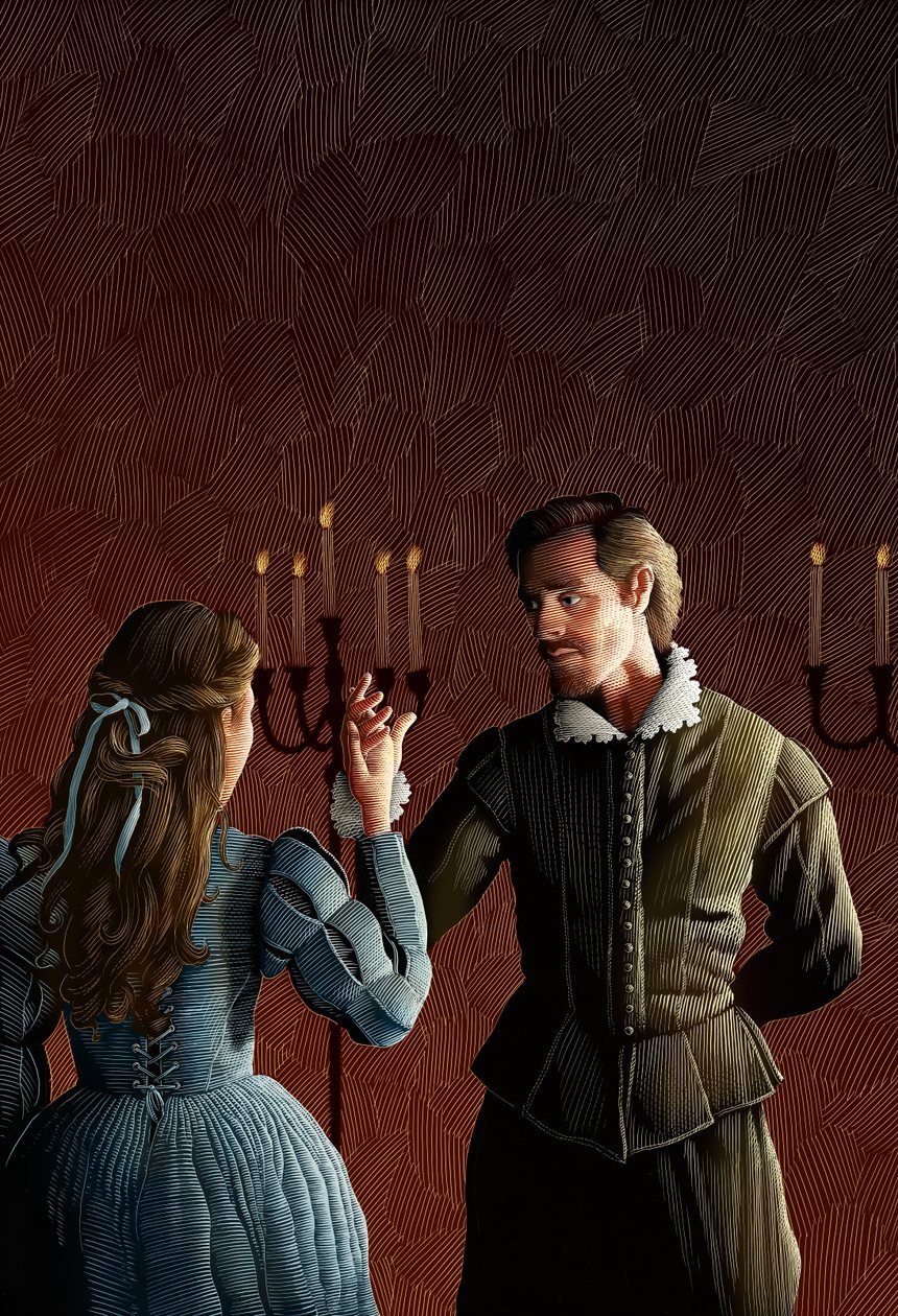 Shakespeare in Love, 2017 (scratchboard, coloreado digitalmente) de Scott McKowen