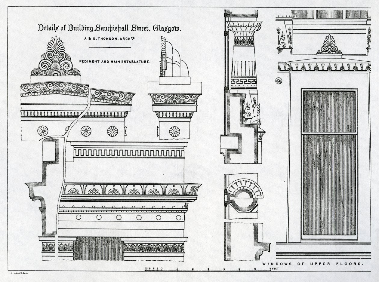 Detalles arquitectónicos de las cámaras griegas, 336-356 Sauchiehall Street, Glasgow, diseñadas por Alexander Greek Thomson, 1869 de Scottish School