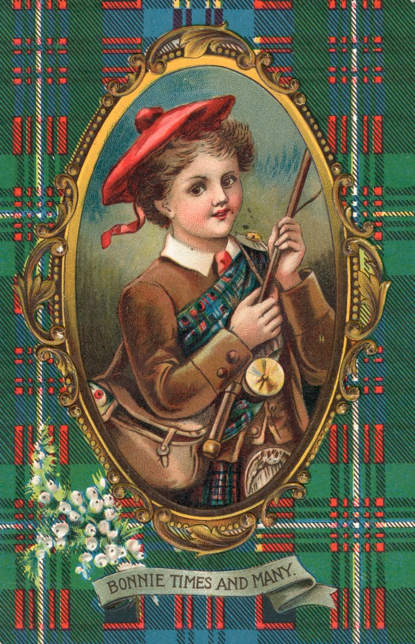 Tarjeta británica de Año Nuevo (litografía en color) de Scottish School