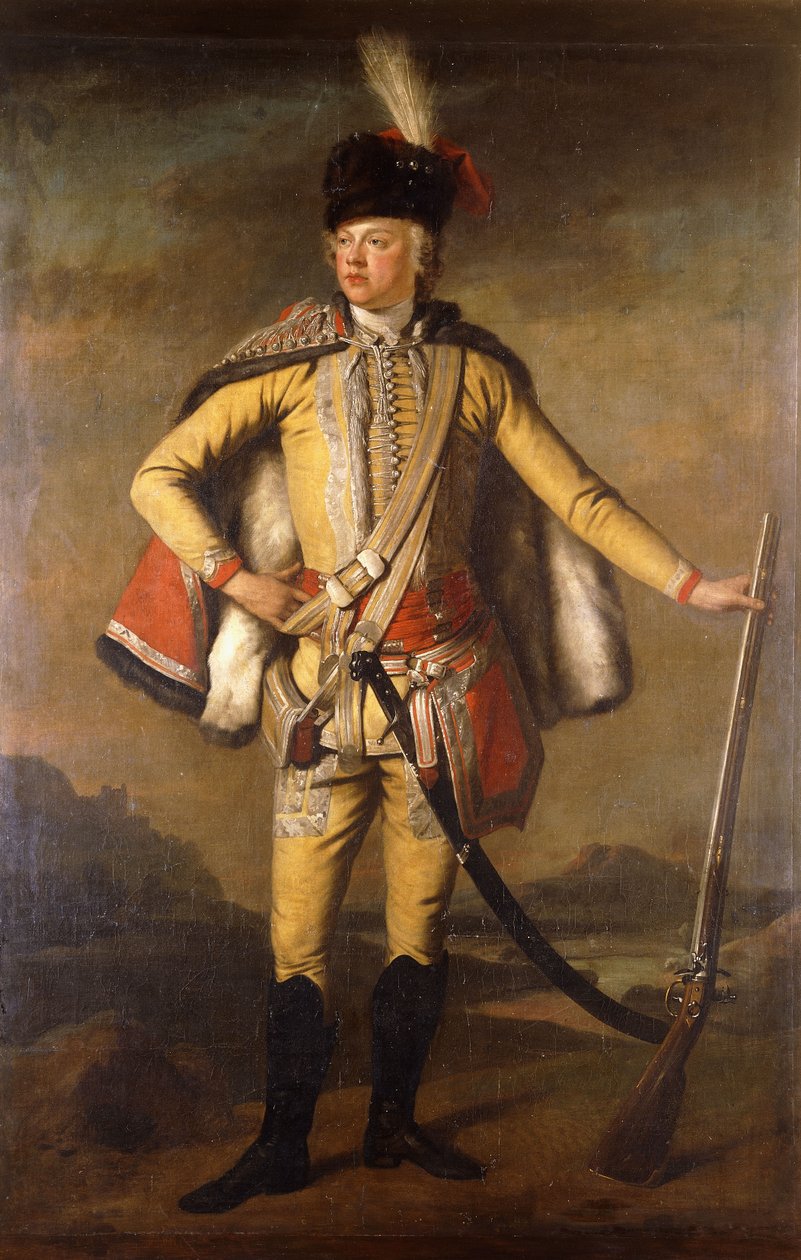 Retrato de John Lindsay, 20º Conde de Crawford y Lindsay, de cuerpo entero, en Uniforme de Húsar, sosteniendo un Mosquete de Pedernal, un Paisaje al fondo, c.1745 de Scottish School