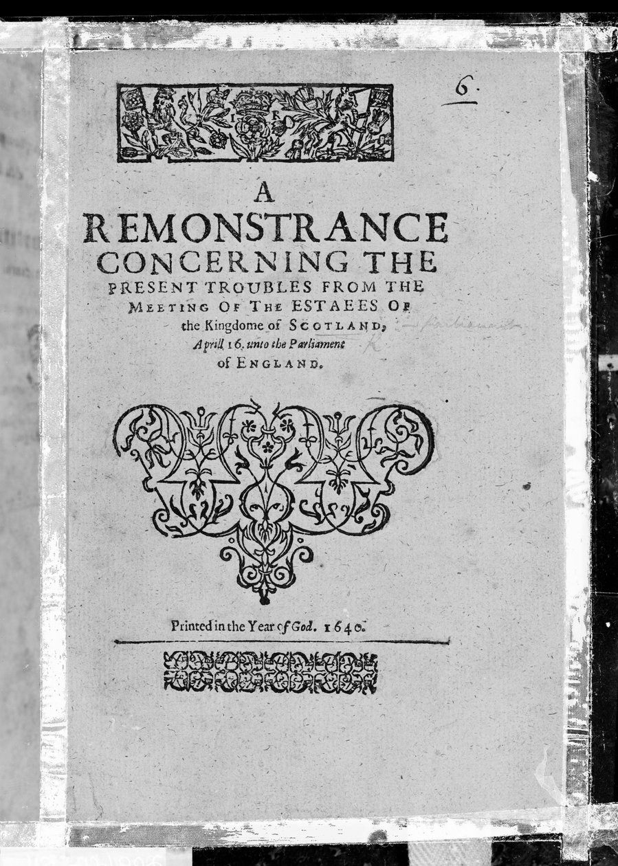Página de Título de Una Remonstrancia sobre los problemas actuales de la reunión de los estados del Reino de Escocia, publicado 1640 (papel impreso) de Scottish School