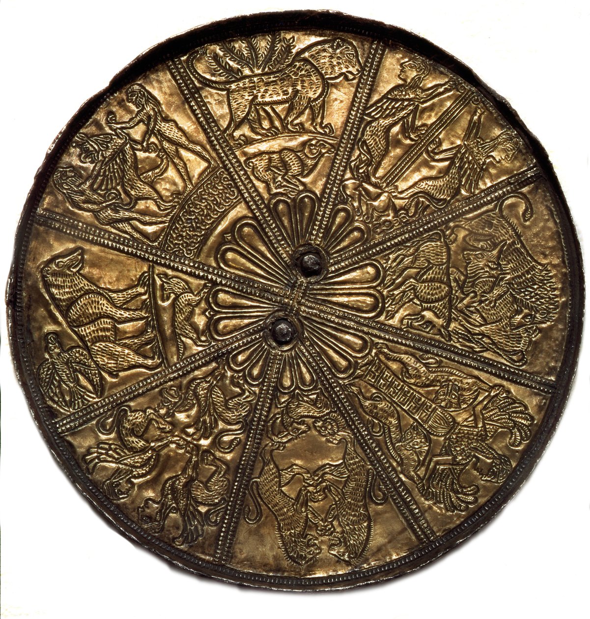 Arte escita: espejo de plata cubierto de oro del túmulo n°4 de Kelermes, región de Krasnodar en Kubán, Rusia (650-620 a.C.), siglo VII a.C. de Scythian
