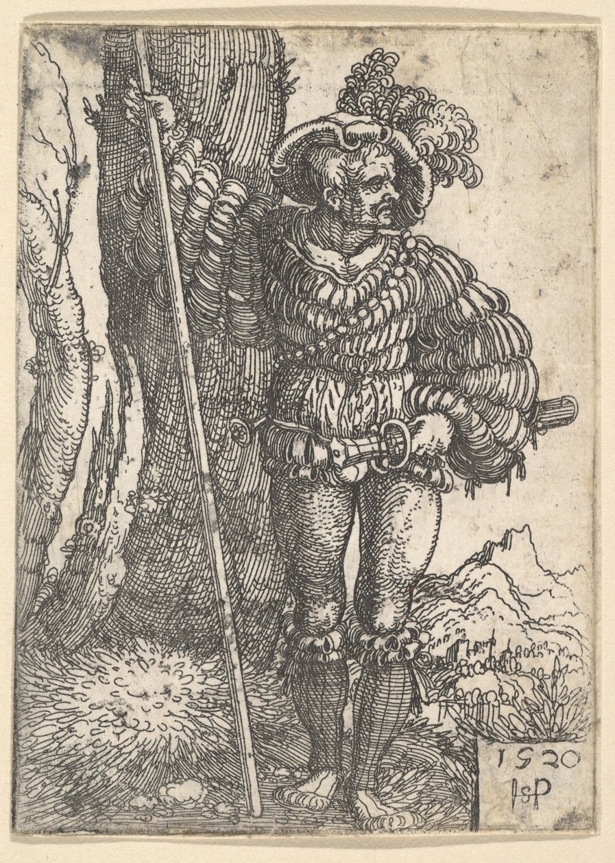 Un lansquenete de pie junto a un árbol, 1520 de Sebald Beham