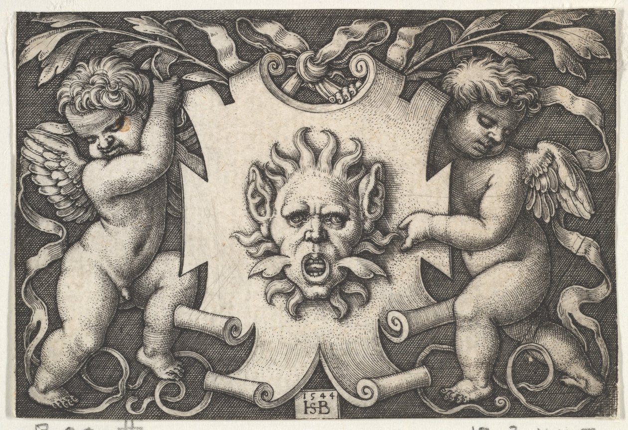 Una máscara en un escudo soportado por dos genios, 1544 de Sebald Beham