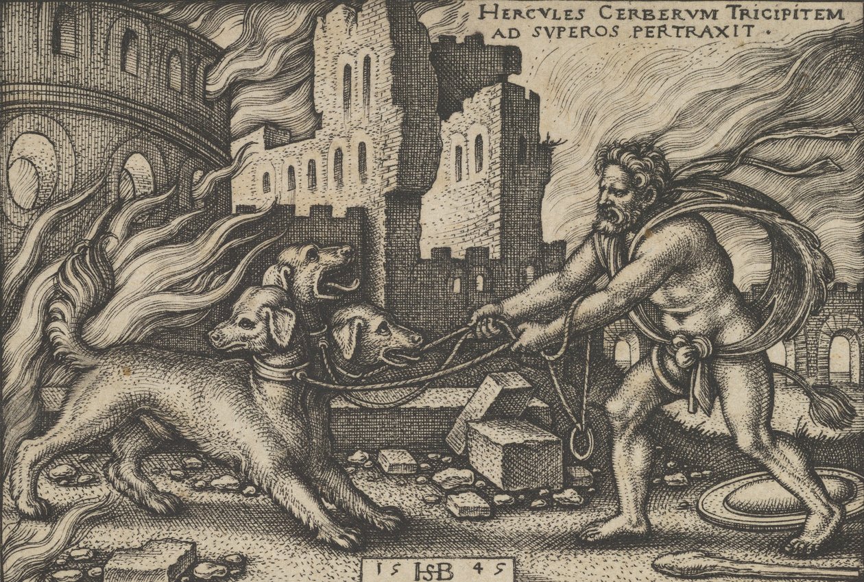 Hércules capturando a Cerbero, de Los trabajos de Hércules, 1545 de Sebald Beham