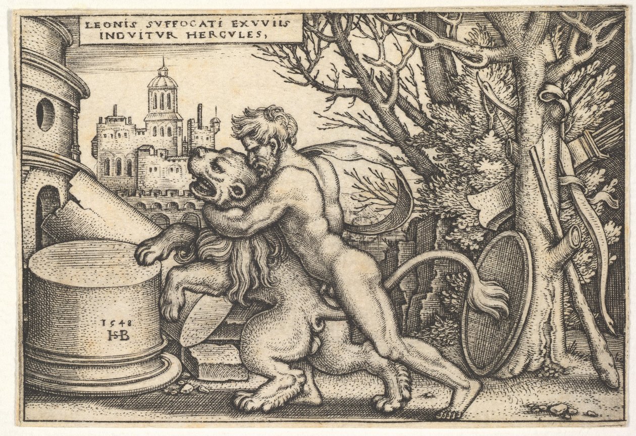 Hércules, de perfil, matando al león de Nemea con su brazo alrededor de su cuello, de 