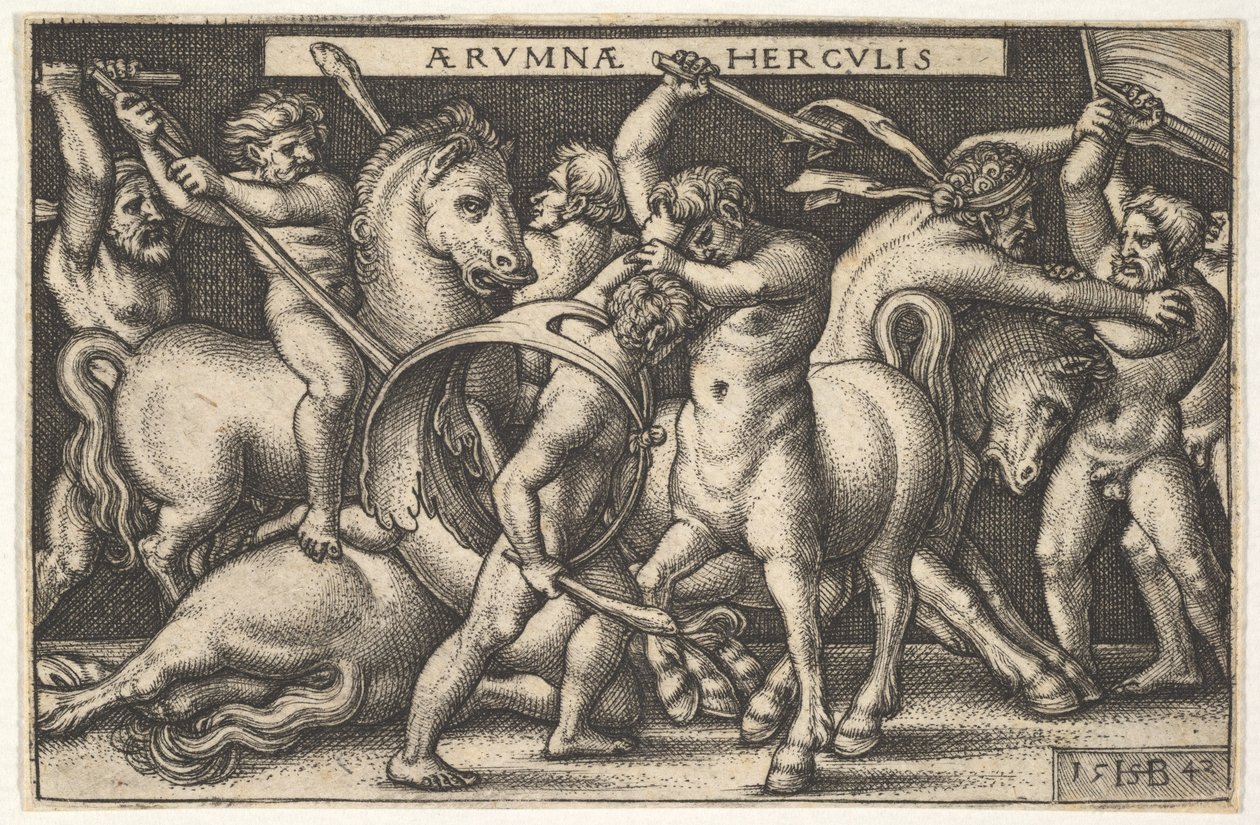 Hércules con su garrote luchando contra un centauro, otros hombres luchando contra centauros a la izquierda, 1542 de Sebald Beham