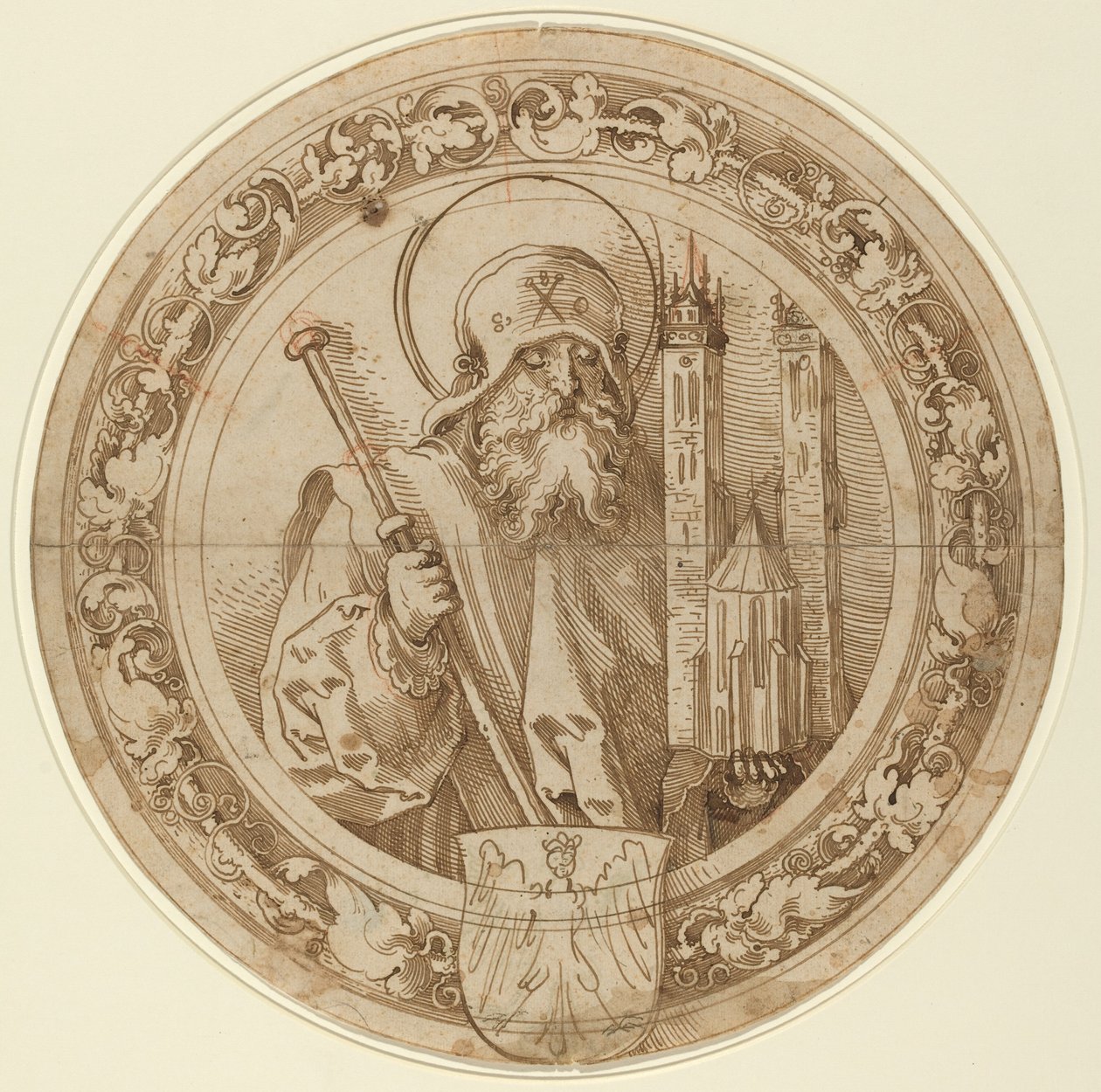 San Sebaldo llevando el modelo de su iglesia en Núremberg de Sebald Beham