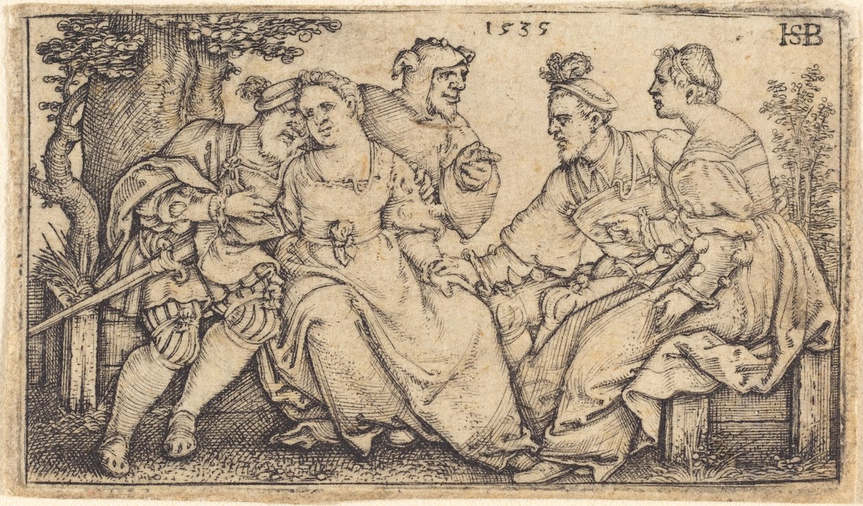 Dos parejas amorosas con payaso de Sebald Beham