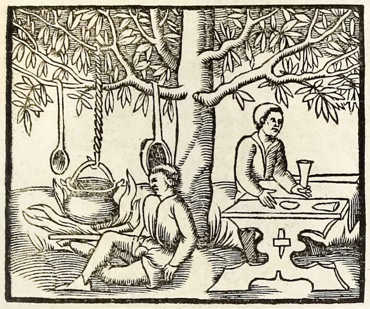 Olla de cocina y comensal esperando de la edición de 1550 de Cosmographia por Sebastian Munster de Sebastian Munster