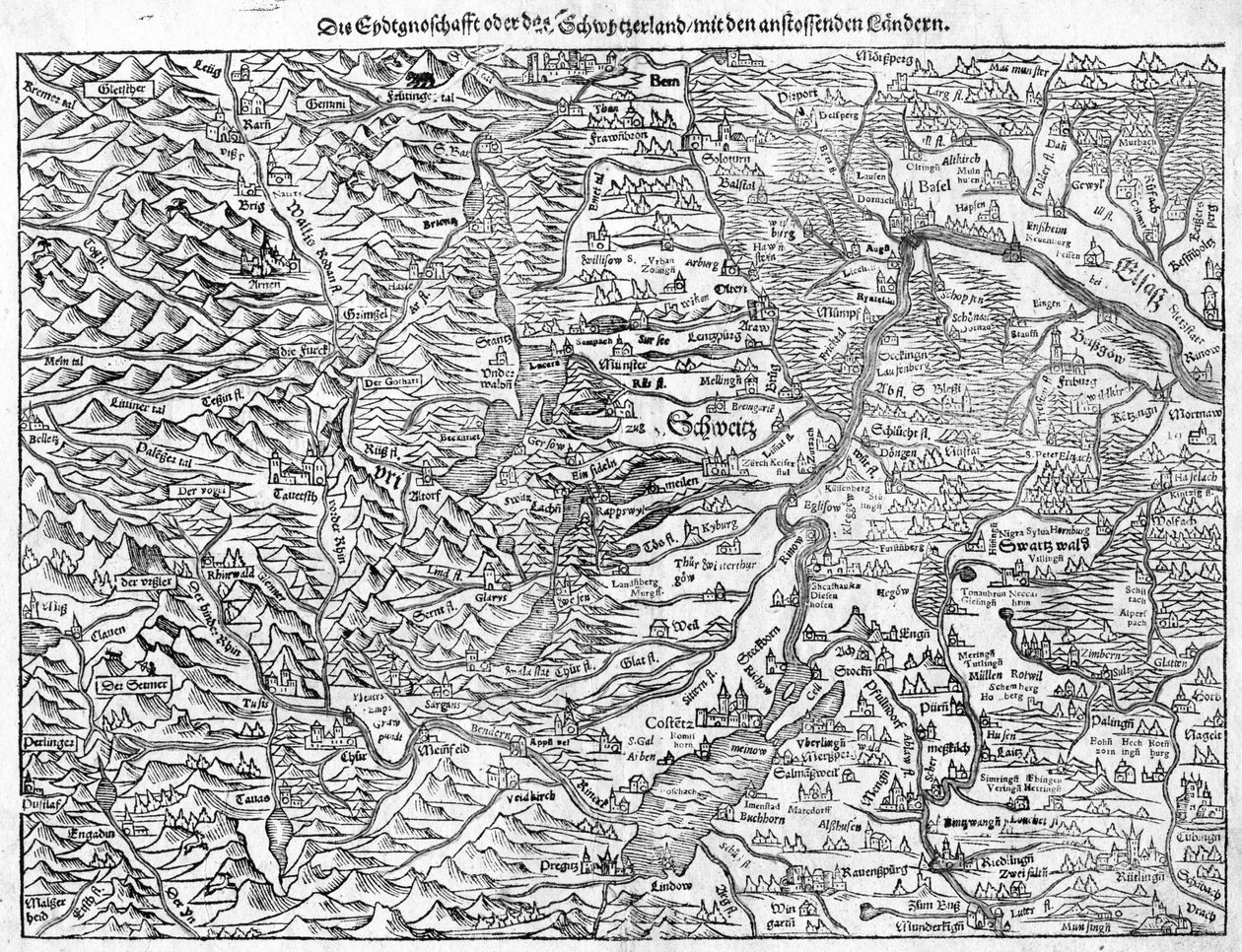 Mapa antiguo de Suiza por Sebastian Münster, 1550 de Sebastian Munster