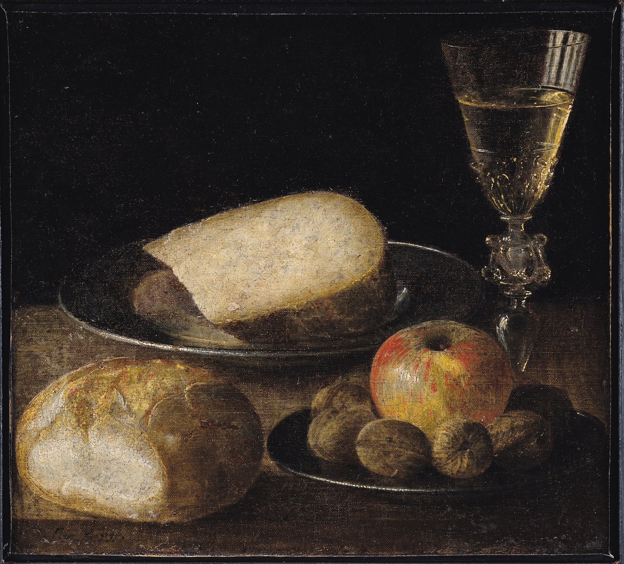 Naturaleza muerta de frutas, queso y pan de Sebastian Stoskopff
