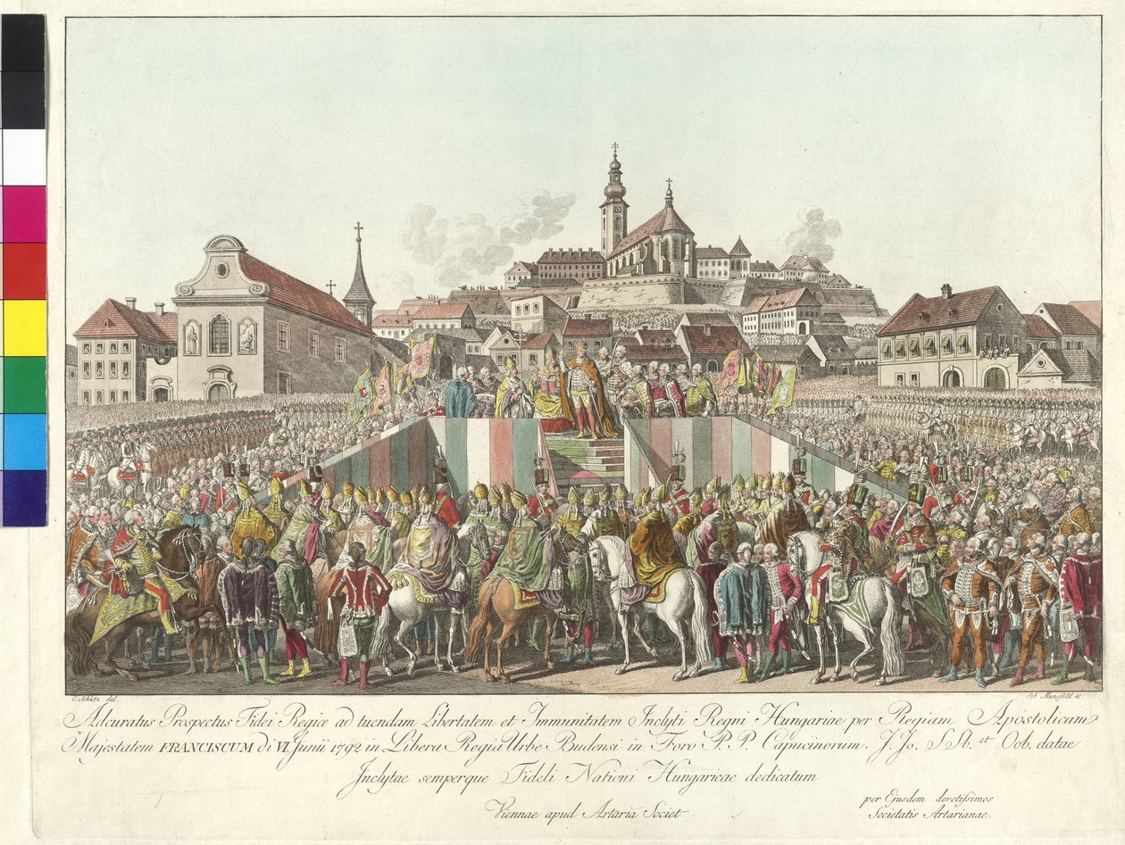 Coronación del emperador Francisco II al rey de Hungría en Budapest el 6 de junio de 1792 (grabado en cobre) de Sebastian Mansfeld