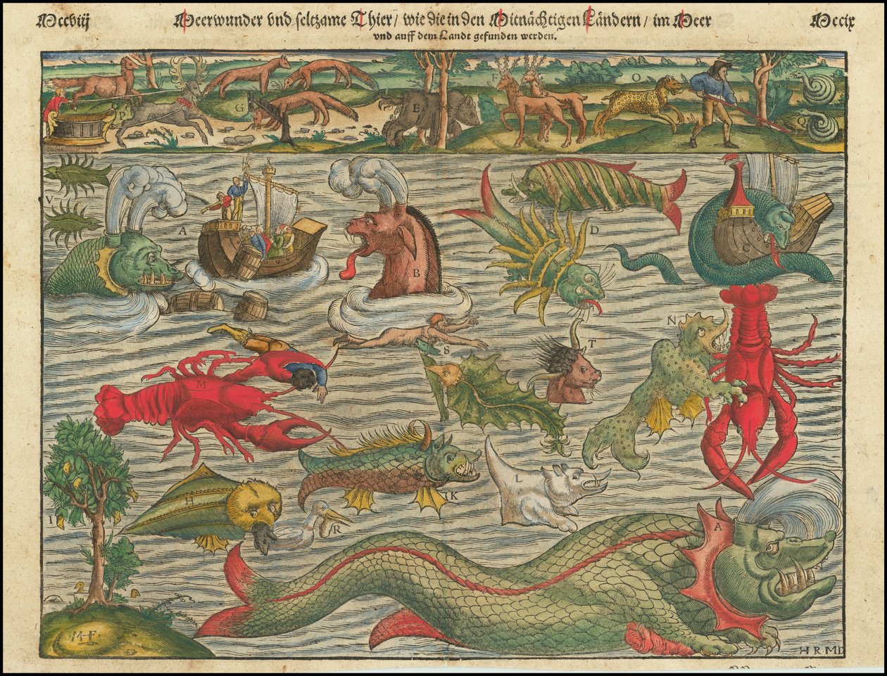 Maravillas marinas y animales extraños, como se encuentran en los países vecinos en el mar y en la tierra de Sebastian Munster