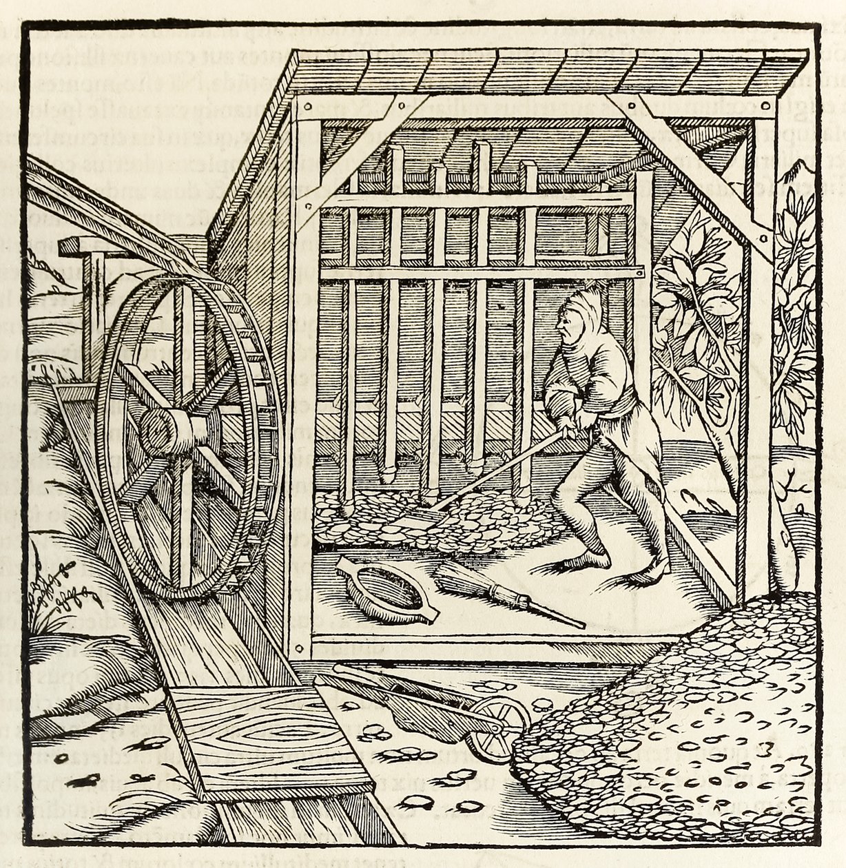 Minería con rueda hidráulica, de la edición de 1550 de 